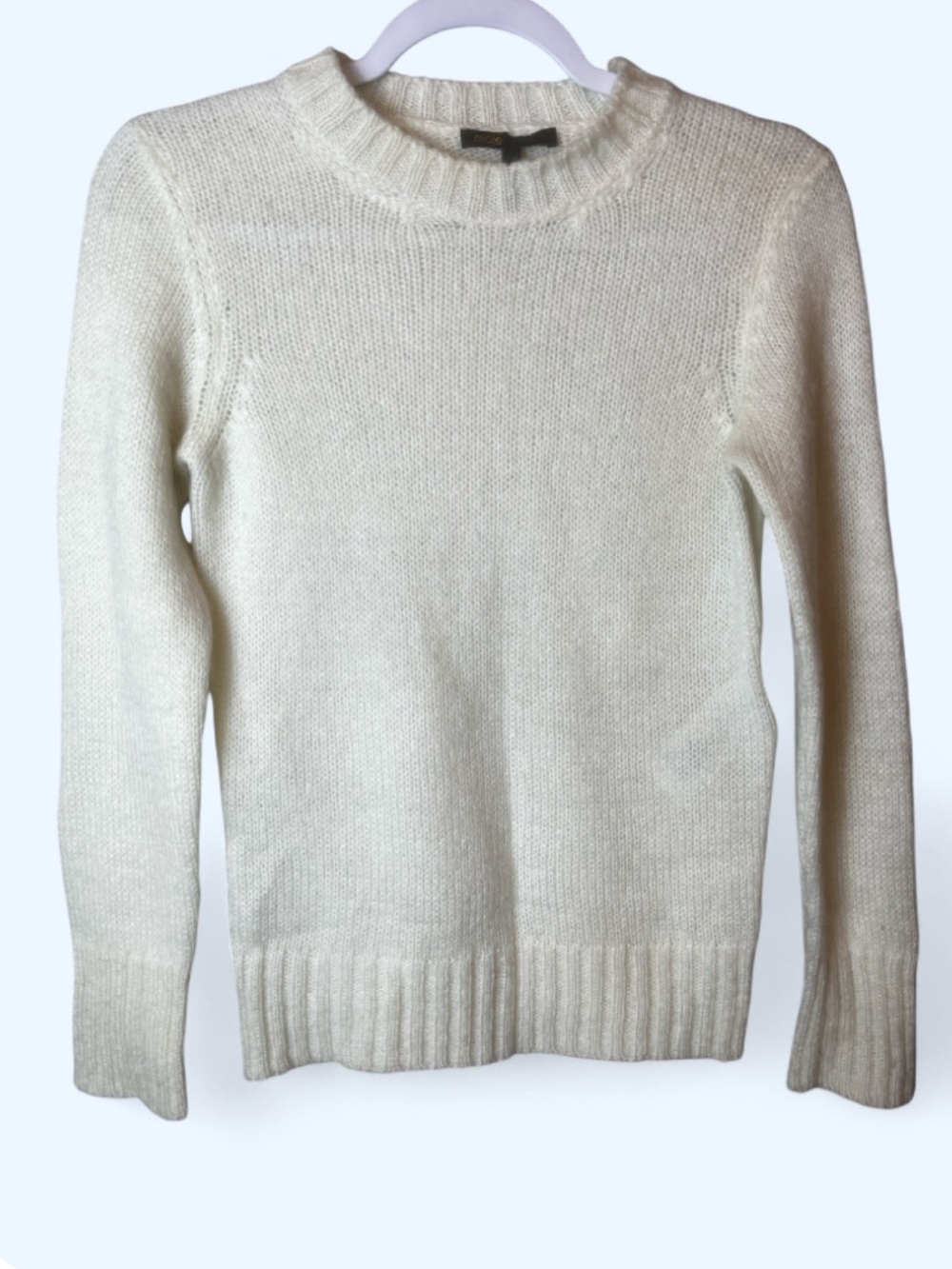 Maje Marne Sweater Crew Neck Mohair Wool Blend Rib-Knit in White Sz 1/ US S